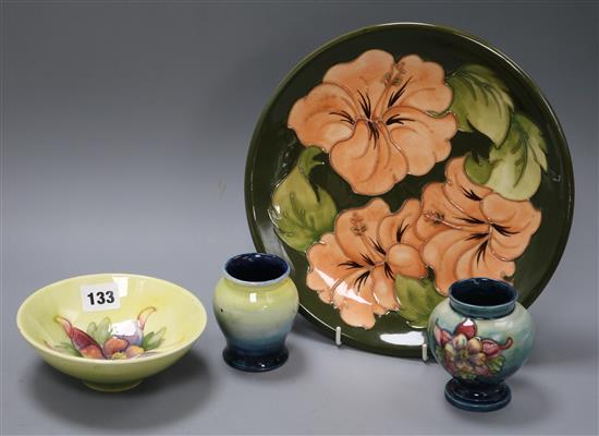 Two Moorcroft vases, a similar bowl and dish